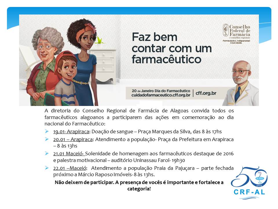 Diretoria do CRF/AL convida todos os profissionais a participarem das ações do dia do farmacêutico